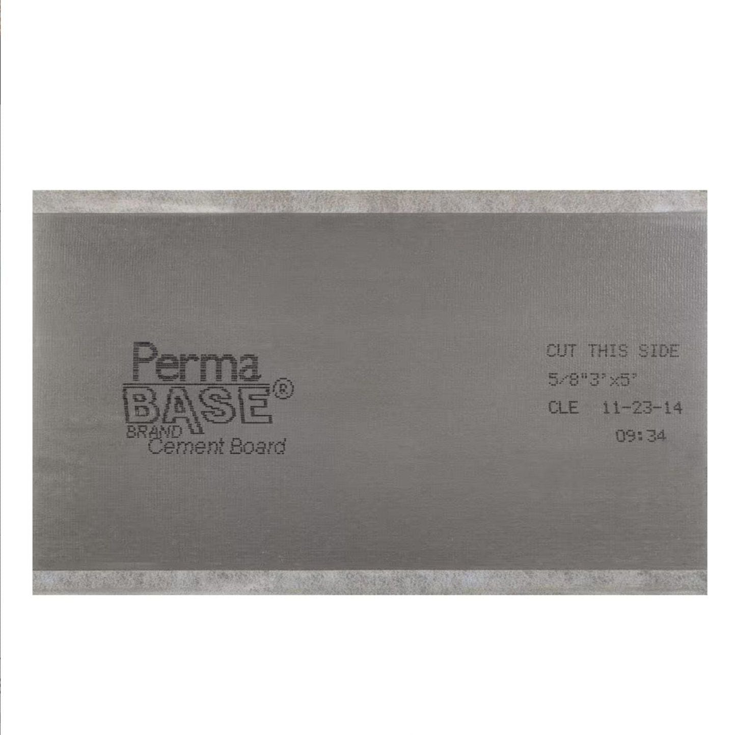 The PERMABASE 3 ft. x 5 ft. Cement Board with EdgeGuard, featuring the brand name PERMABASE and the cutting instructions CUT THIS SIDE 5/8\ x 5 CLE 11-23-14 09:34, is ideal for tiling projects due to its enhanced durability.